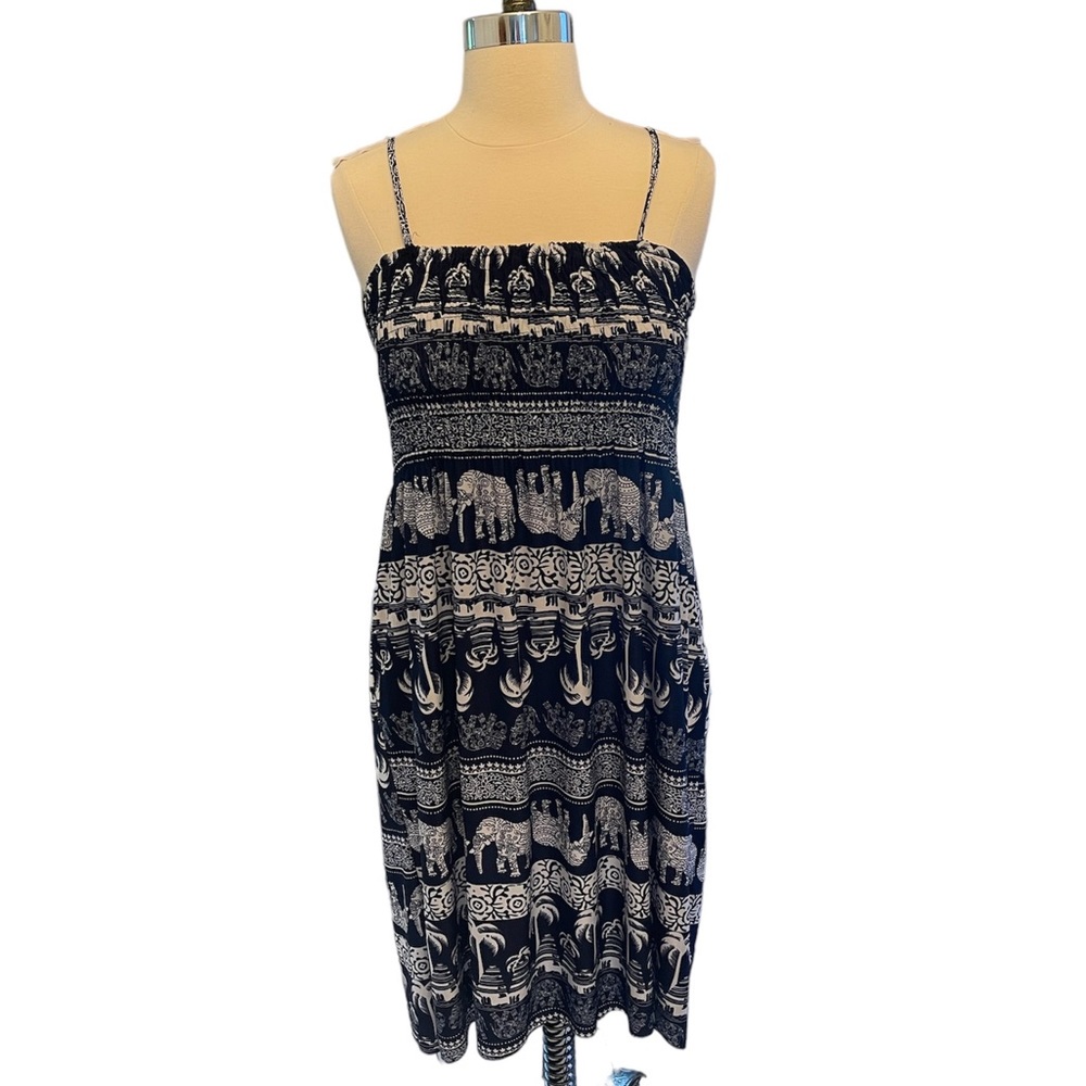 Isla boho fit and flare sun dress blue elephant and palm tree print stretch top